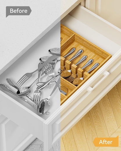 Bamboo Silverware Organizer, 12.6 x 6.97 x 1.96 Inches Kitchen Utensil Drawer Organizer, Silverware Tray for Drawer with Fixed Slots for Spoons, Forks & Knives, Natural