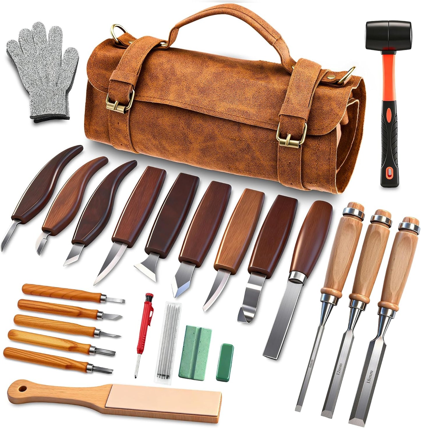 SakerNeo Deluxe Wood Carving Kit whittling kit, 25 Piece Wood Carving Tools with Thick Leather Storage Bag,wood carving set-Ideal Woodworking Tools and Hobbies for Beginners Enthusiasts Gift DIY