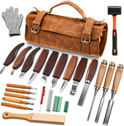 SakerNeo Deluxe Wood Carving Kit whittling kit, 25 Piece Wood Carving Tools with Thick Leather Storage Bag,wood carving set-Ideal Woodworking Tools and Hobbies for Beginners Enthusiasts Gift DIY