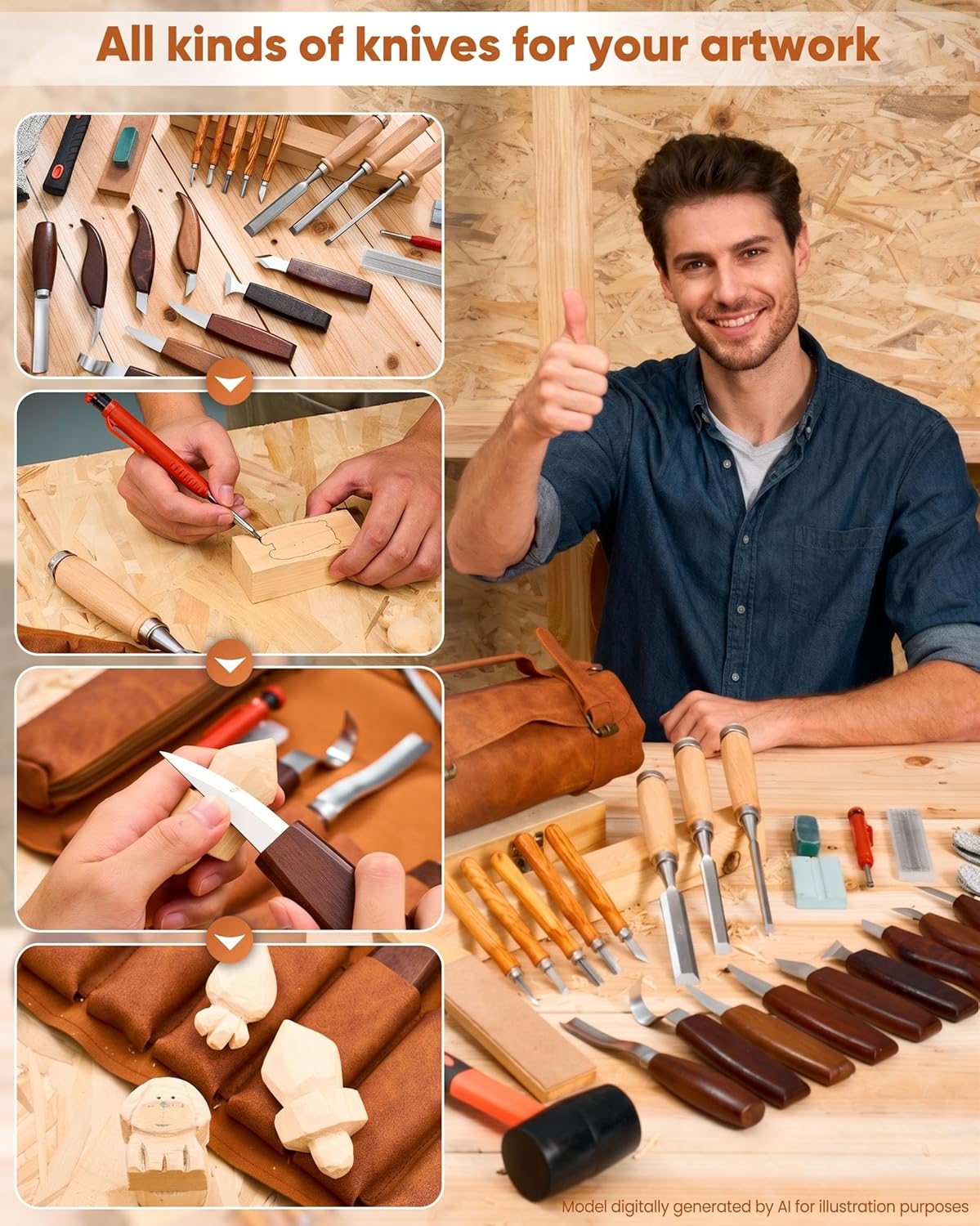 SakerNeo Deluxe Wood Carving Kit whittling kit, 25 Piece Wood Carving Tools with Thick Leather Storage Bag,wood carving set-Ideal Woodworking Tools and Hobbies for Beginners Enthusiasts Gift DIY