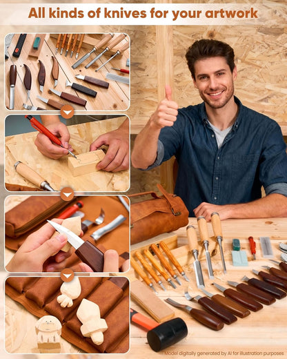 SakerNeo Deluxe Wood Carving Kit whittling kit, 25 Piece Wood Carving Tools with Thick Leather Storage Bag,wood carving set-Ideal Woodworking Tools and Hobbies for Beginners Enthusiasts Gift DIY