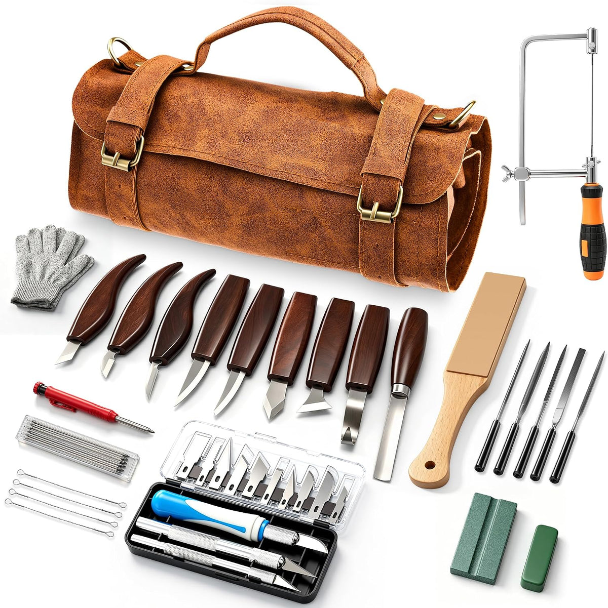 SakerNeo Deluxe Wood Carving Kit whittling kit, 25 Piece Wood Carving Tools with Thick Leather Storage Bag,wood carving set-Ideal Woodworking Tools and Hobbies for Beginners Enthusiasts Gift DIY
