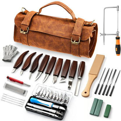 SakerNeo Deluxe Wood Carving Kit whittling kit, 25 Piece Wood Carving Tools with Thick Leather Storage Bag,wood carving set-Ideal Woodworking Tools and Hobbies for Beginners Enthusiasts Gift DIY