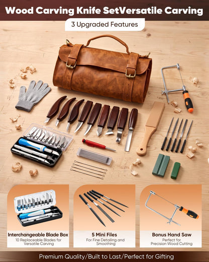 SakerNeo Deluxe Wood Carving Kit whittling kit, 25 Piece Wood Carving Tools with Thick Leather Storage Bag,wood carving set-Ideal Woodworking Tools and Hobbies for Beginners Enthusiasts Gift DIY