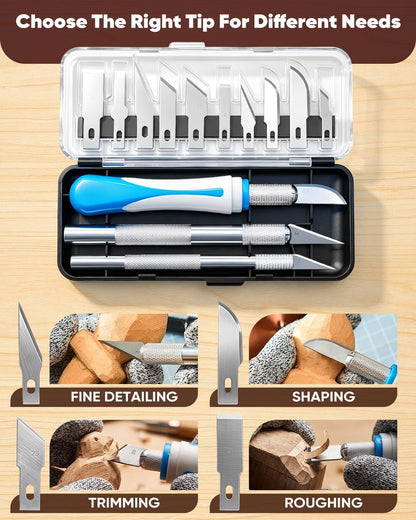 SakerNeo Deluxe Wood Carving Kit whittling kit, 25 Piece Wood Carving Tools with Thick Leather Storage Bag,wood carving set-Ideal Woodworking Tools and Hobbies for Beginners Enthusiasts Gift DIY