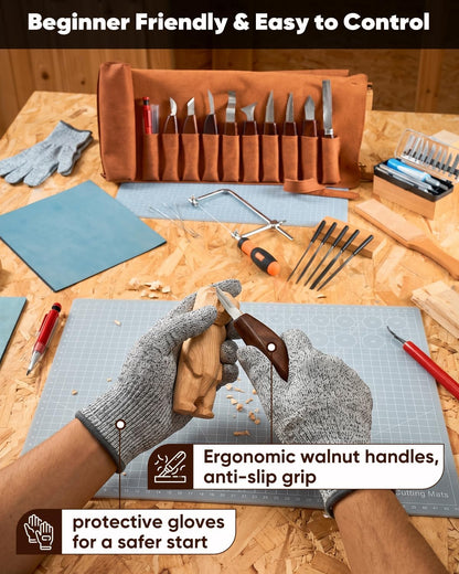 SakerNeo Deluxe Wood Carving Kit whittling kit, 25 Piece Wood Carving Tools with Thick Leather Storage Bag,wood carving set-Ideal Woodworking Tools and Hobbies for Beginners Enthusiasts Gift DIY