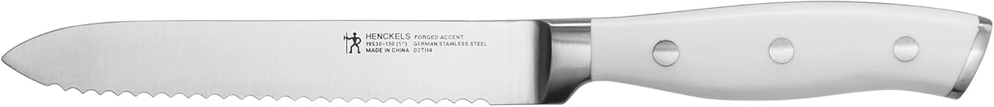 Forged Accent Razor-Sharp 5-inch Serrated Utility Knife, Tomato Knife, White Handle, German Engineered Informed by 100+ Years of Mastery