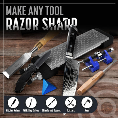 Diamond Whetstone Knife Sharpener Complete Kit - Coarse 325/ Fine 1200 Grit, Diamond Sharpening Stone with Non-Slip Base, Chisel Honing Jig & Angle Guide for Knives & Woodworking Tools