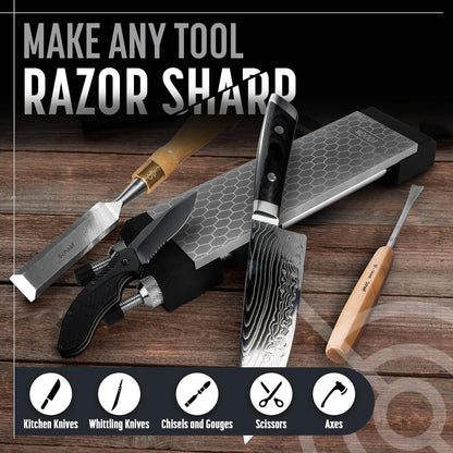 Diamond Whetstone Knife Sharpener Complete Kit - Coarse 325/ Fine 1200 Grit, Diamond Sharpening Stone with Non-Slip Base, Chisel Honing Jig & Angle Guide for Knives & Woodworking Tools