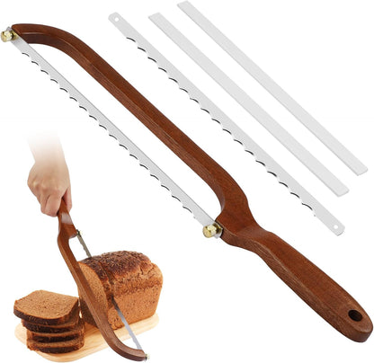 Bread Slicer for Homemade Bread Wooden Sourdough Knife with Bow Design | Premium Stainless Steel Serrated Saw Bread Cutter for Bagels, Baguettes Vegetables, Sandwich, Fruits with 2 Blades