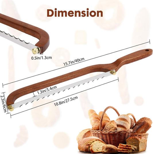 Bread Slicer for Homemade Bread Wooden Sourdough Knife with Bow Design | Premium Stainless Steel Serrated Saw Bread Cutter for Bagels, Baguettes Vegetables, Sandwich, Fruits with 2 Blades