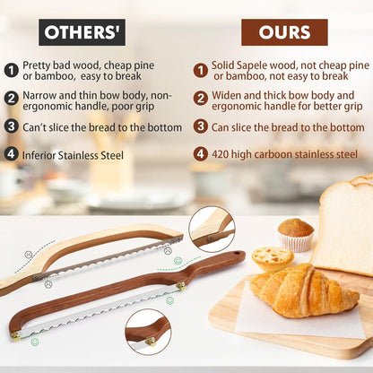 Bread Slicer for Homemade Bread Wooden Sourdough Knife with Bow Design | Premium Stainless Steel Serrated Saw Bread Cutter for Bagels, Baguettes Vegetables, Sandwich, Fruits with 2 Blades