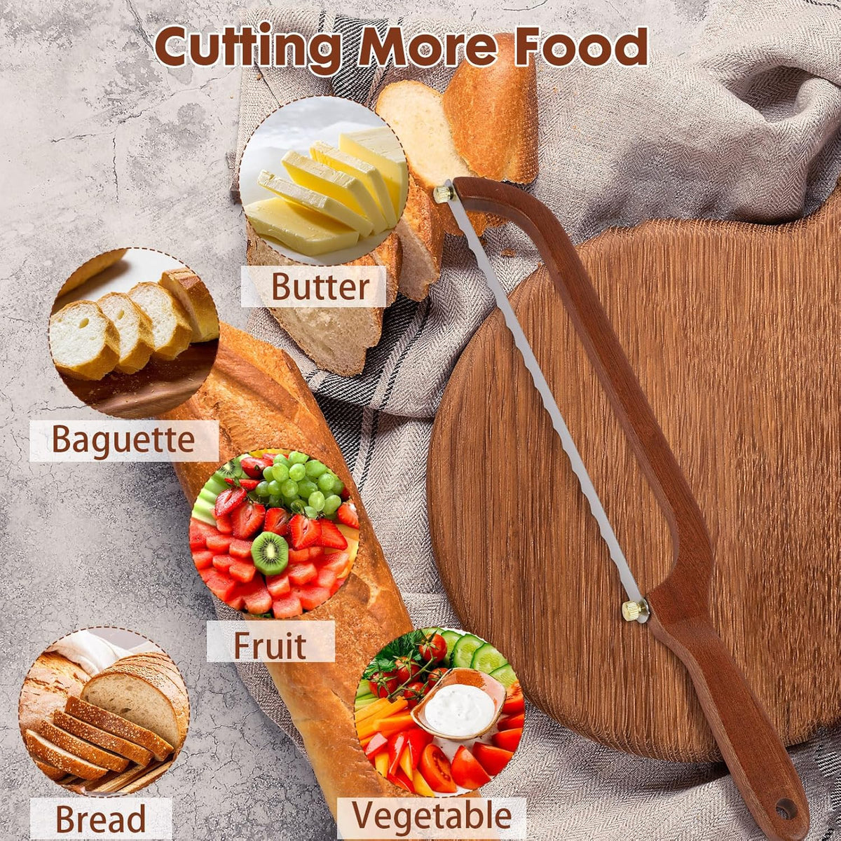 Bread Slicer for Homemade Bread Wooden Sourdough Knife with Bow Design | Premium Stainless Steel Serrated Saw Bread Cutter for Bagels, Baguettes Vegetables, Sandwich, Fruits with 2 Blades