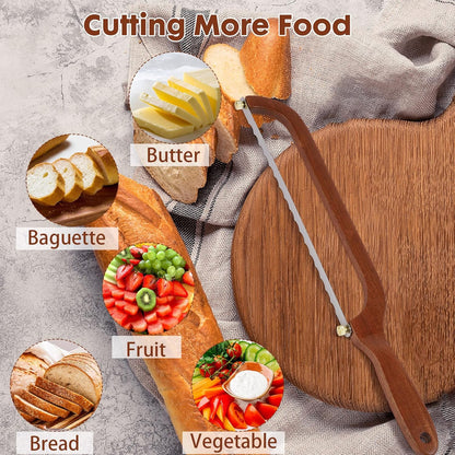 Bread Slicer for Homemade Bread Wooden Sourdough Knife with Bow Design | Premium Stainless Steel Serrated Saw Bread Cutter for Bagels, Baguettes Vegetables, Sandwich, Fruits with 2 Blades