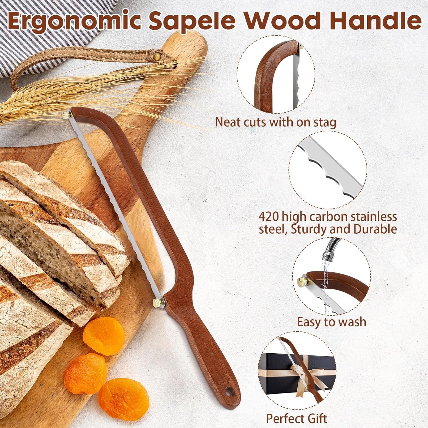 Bread Slicer for Homemade Bread Wooden Sourdough Knife with Bow Design | Premium Stainless Steel Serrated Saw Bread Cutter for Bagels, Baguettes Vegetables, Sandwich, Fruits with 2 Blades