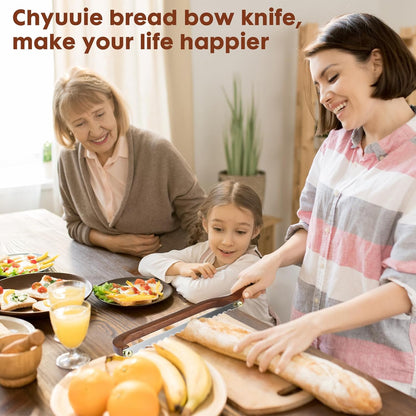 Bread Slicer for Homemade Bread Wooden Sourdough Knife with Bow Design | Premium Stainless Steel Serrated Saw Bread Cutter for Bagels, Baguettes Vegetables, Sandwich, Fruits with 2 Blades