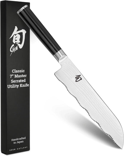 Classic 7" Master Serrated Utility Knife, VG-MAX, Pakkawood | Handcrafted Japanese Knife, Precision and Sharpness, VG-MAX Core, Damascus Stainless Steel Cladding, Pakkawood Handle