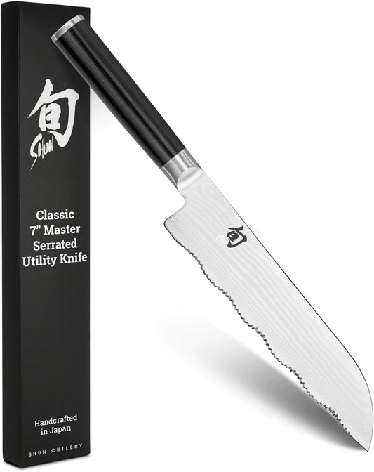 Classic 7" Master Serrated Utility Knife, VG-MAX, Pakkawood | Handcrafted Japanese Knife, Precision and Sharpness, VG-MAX Core, Damascus Stainless Steel Cladding, Pakkawood Handle