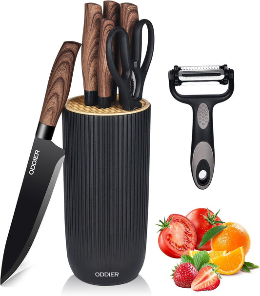 Knife Set, 8 Piece Kitchen Knife Set, Stainless Steel Knives Set for Kitchen, Universal Knife Block Set, Kitchen Kinfe Essentials, New Home Apartment Essentials, Dishwasher Safe (Black Wood-Grain)
