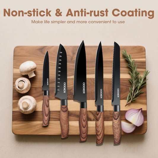Knife Set, 8 Piece Kitchen Knife Set, Stainless Steel Knives Set for Kitchen, Universal Knife Block Set, Kitchen Kinfe Essentials, New Home Apartment Essentials, Dishwasher Safe (Black Wood-Grain)