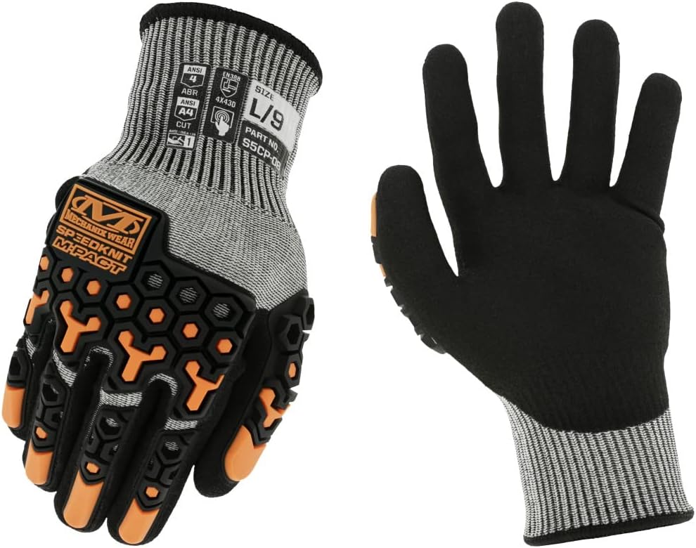 SpeedKnit M-Pact S5CP08 Gloves - Construction Work Gloves for Work Hands Safety - Impact Protection - Machine Washable - Touchscreen Capable - Black - Medium
