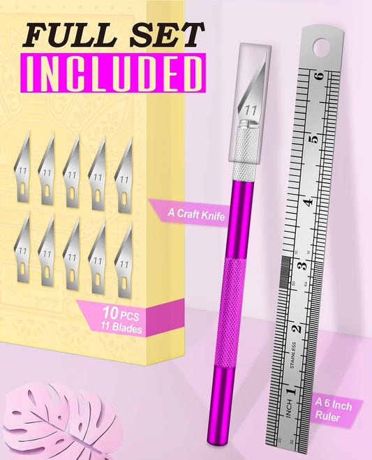 Craft Hobby Knife Set with 10 Extra #11 Blades, 6-Inch Metal Ruler | Exacto Knife for Crafting, Precision Cutting for Polymer Clay, Paper, Vinyl, Stencils & Models, Artists & Hobbyists, Purple