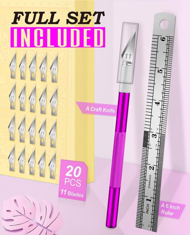 Craft Hobby Knife Set with 10 Extra #11 Blades, 6-Inch Metal Ruler | Exacto Knife for Crafting, Precision Cutting for Polymer Clay, Paper, Vinyl, Stencils & Models, Artists & Hobbyists, Purple
