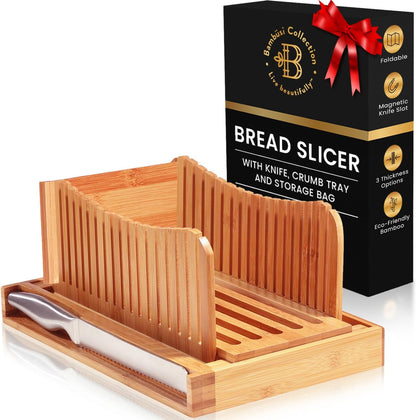 Bread Slicer for Homemade Bread - Bamboo Bread Slicer with Knife, Foldable Bread Slicing Guide with 3 Adjustable Thickness, Crumb Tray, Bread Cutter for Sourdough, Bagels, Loaf, Toast, Kitchen Gifts