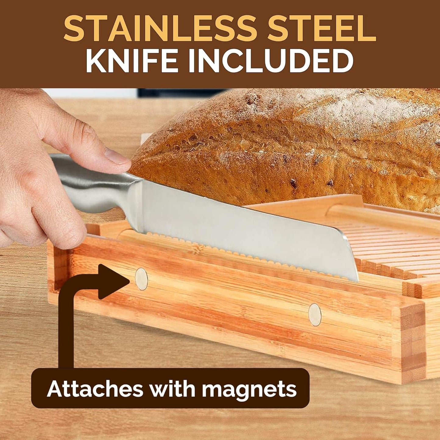 Bread Slicer for Homemade Bread - Bamboo Bread Slicer with Knife, Foldable Bread Slicing Guide with 3 Adjustable Thickness, Crumb Tray, Bread Cutter for Sourdough, Bagels, Loaf, Toast, Kitchen Gifts