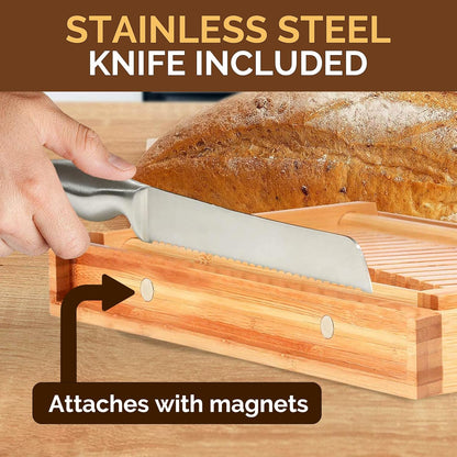 Bread Slicer for Homemade Bread - Bamboo Bread Slicer with Knife, Foldable Bread Slicing Guide with 3 Adjustable Thickness, Crumb Tray, Bread Cutter for Sourdough, Bagels, Loaf, Toast, Kitchen Gifts