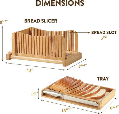 Bread Slicer for Homemade Bread - Bamboo Bread Slicer with Knife, Foldable Bread Slicing Guide with 3 Adjustable Thickness, Crumb Tray, Bread Cutter for Sourdough, Bagels, Loaf, Toast, Kitchen Gifts
