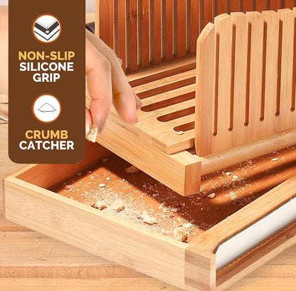 Bread Slicer for Homemade Bread - Bamboo Bread Slicer with Knife, Foldable Bread Slicing Guide with 3 Adjustable Thickness, Crumb Tray, Bread Cutter for Sourdough, Bagels, Loaf, Toast, Kitchen Gifts
