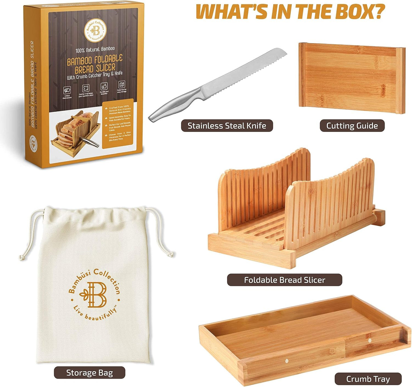 Bread Slicer for Homemade Bread - Bamboo Bread Slicer with Knife, Foldable Bread Slicing Guide with 3 Adjustable Thickness, Crumb Tray, Bread Cutter for Sourdough, Bagels, Loaf, Toast, Kitchen Gifts