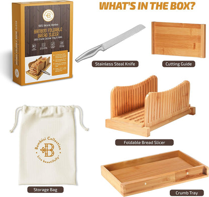 Bread Slicer for Homemade Bread - Bamboo Bread Slicer with Knife, Foldable Bread Slicing Guide with 3 Adjustable Thickness, Crumb Tray, Bread Cutter for Sourdough, Bagels, Loaf, Toast, Kitchen Gifts