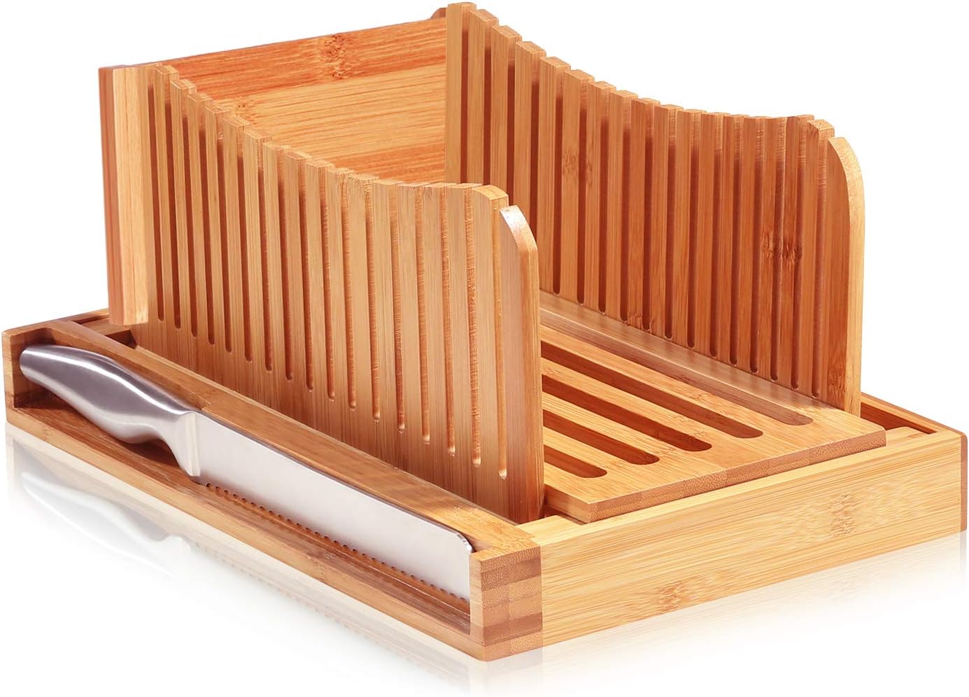 Bread Slicer for Homemade Bread - Bamboo Bread Slicer with Knife, Foldable Bread Slicing Guide with 3 Adjustable Thickness, Crumb Tray, Bread Cutter for Sourdough, Bagels, Loaf, Toast, Kitchen Gifts