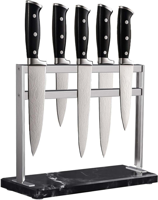 Magnetic Knife Block Stand - Marble Base Magnetic Knife Holder for Counter Top - Double Sided Knife Block without Knives - Stainless Steel Magnetic Kitchen knife holder - Black