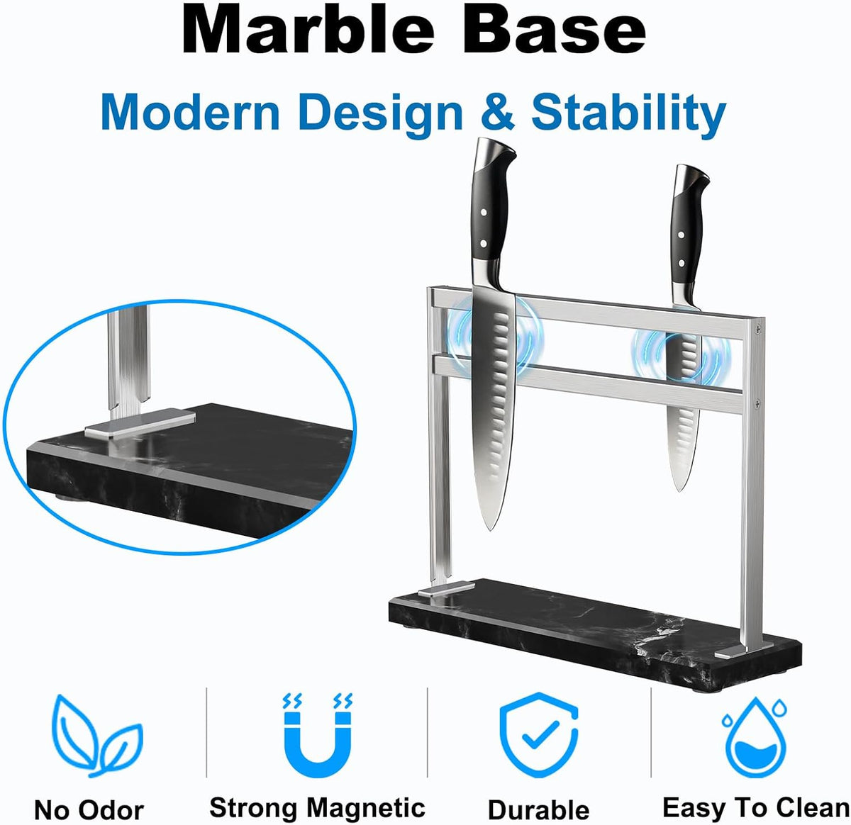 Magnetic Knife Block Stand - Marble Base Magnetic Knife Holder for Counter Top - Double Sided Knife Block without Knives - Stainless Steel Magnetic Kitchen knife holder - Black