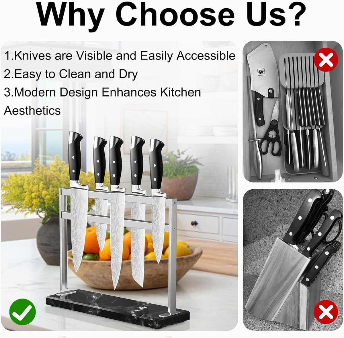 Magnetic Knife Block Stand - Marble Base Magnetic Knife Holder for Counter Top - Double Sided Knife Block without Knives - Stainless Steel Magnetic Kitchen knife holder - Black