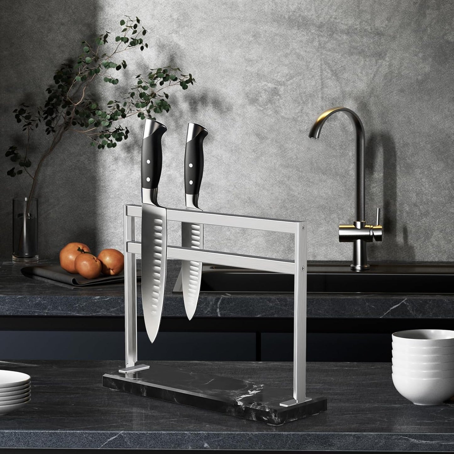 Magnetic Knife Block Stand - Marble Base Magnetic Knife Holder for Counter Top - Double Sided Knife Block without Knives - Stainless Steel Magnetic Kitchen knife holder - Black