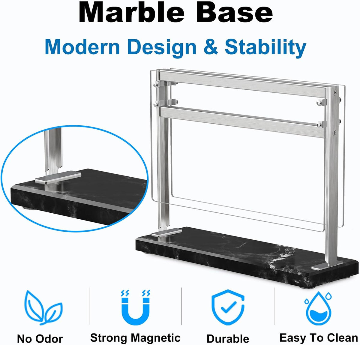 Magnetic Knife Block Stand - Marble Base Magnetic Knife Holder for Counter Top - Double Sided Knife Block without Knives - Stainless Steel Magnetic Kitchen knife holder - Black