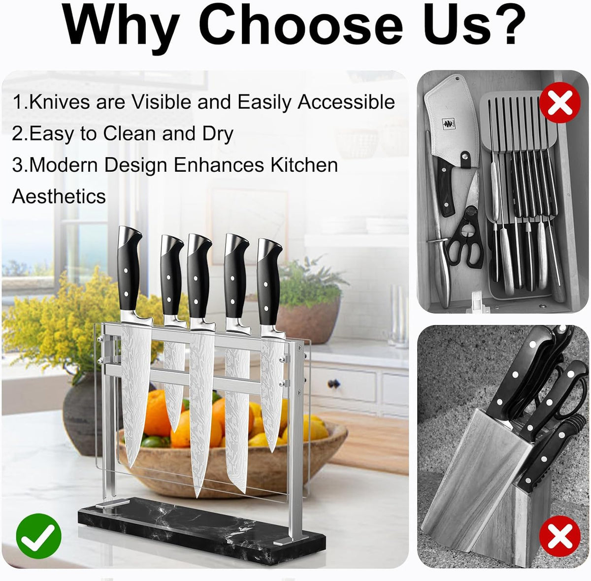 Magnetic Knife Block Stand - Marble Base Magnetic Knife Holder for Counter Top - Double Sided Knife Block without Knives - Stainless Steel Magnetic Kitchen knife holder - Black