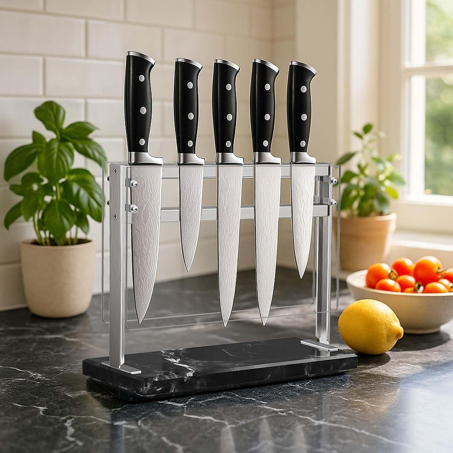 Magnetic Knife Block Stand - Marble Base Magnetic Knife Holder for Counter Top - Double Sided Knife Block without Knives - Stainless Steel Magnetic Kitchen knife holder - Black