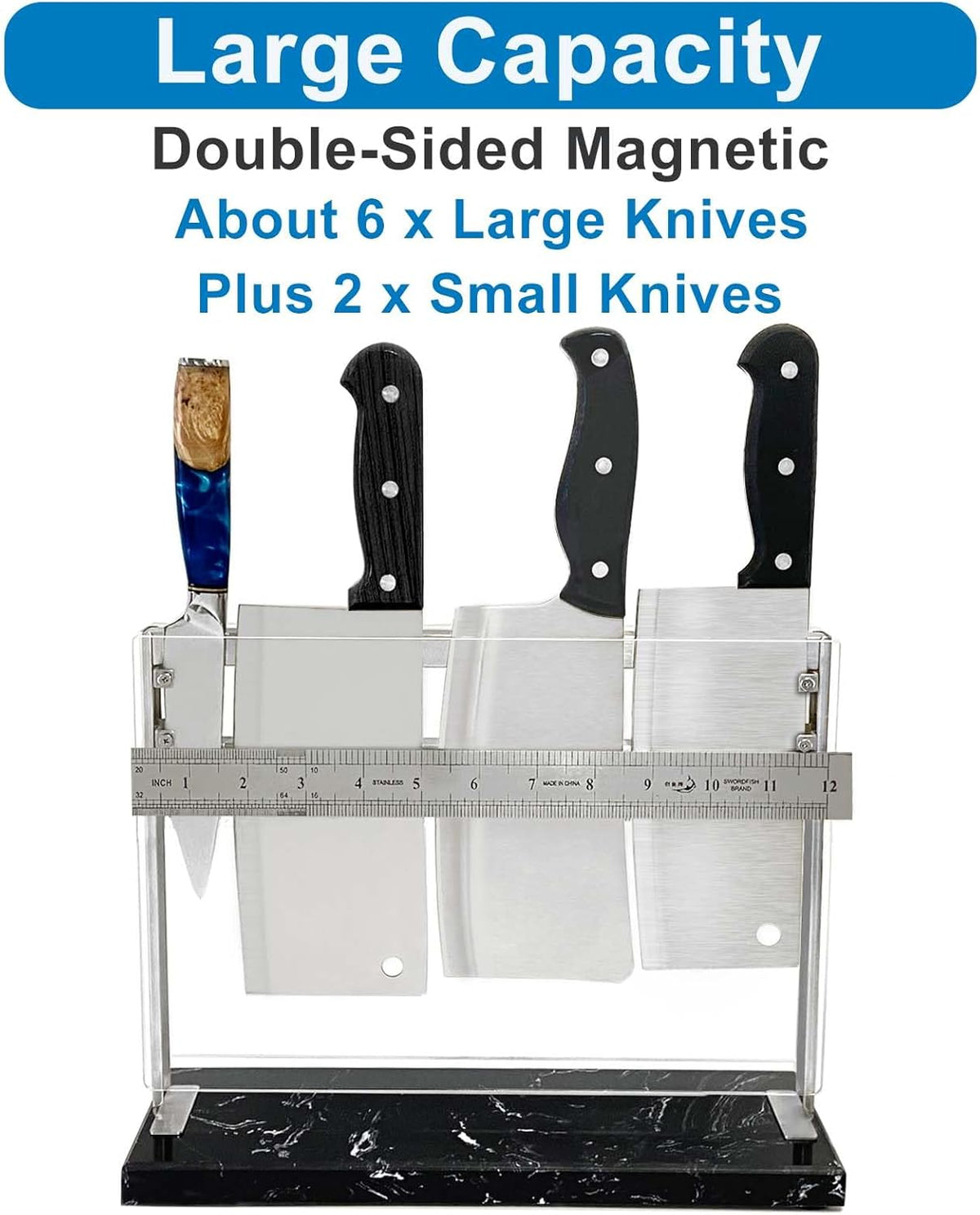 Magnetic Knife Block Stand - Marble Base Magnetic Knife Holder for Counter Top - Double Sided Knife Block without Knives - Stainless Steel Magnetic Kitchen knife holder - Black