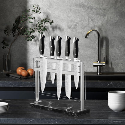 Magnetic Knife Block Stand - Marble Base Magnetic Knife Holder for Counter Top - Double Sided Knife Block without Knives - Stainless Steel Magnetic Kitchen knife holder - Black