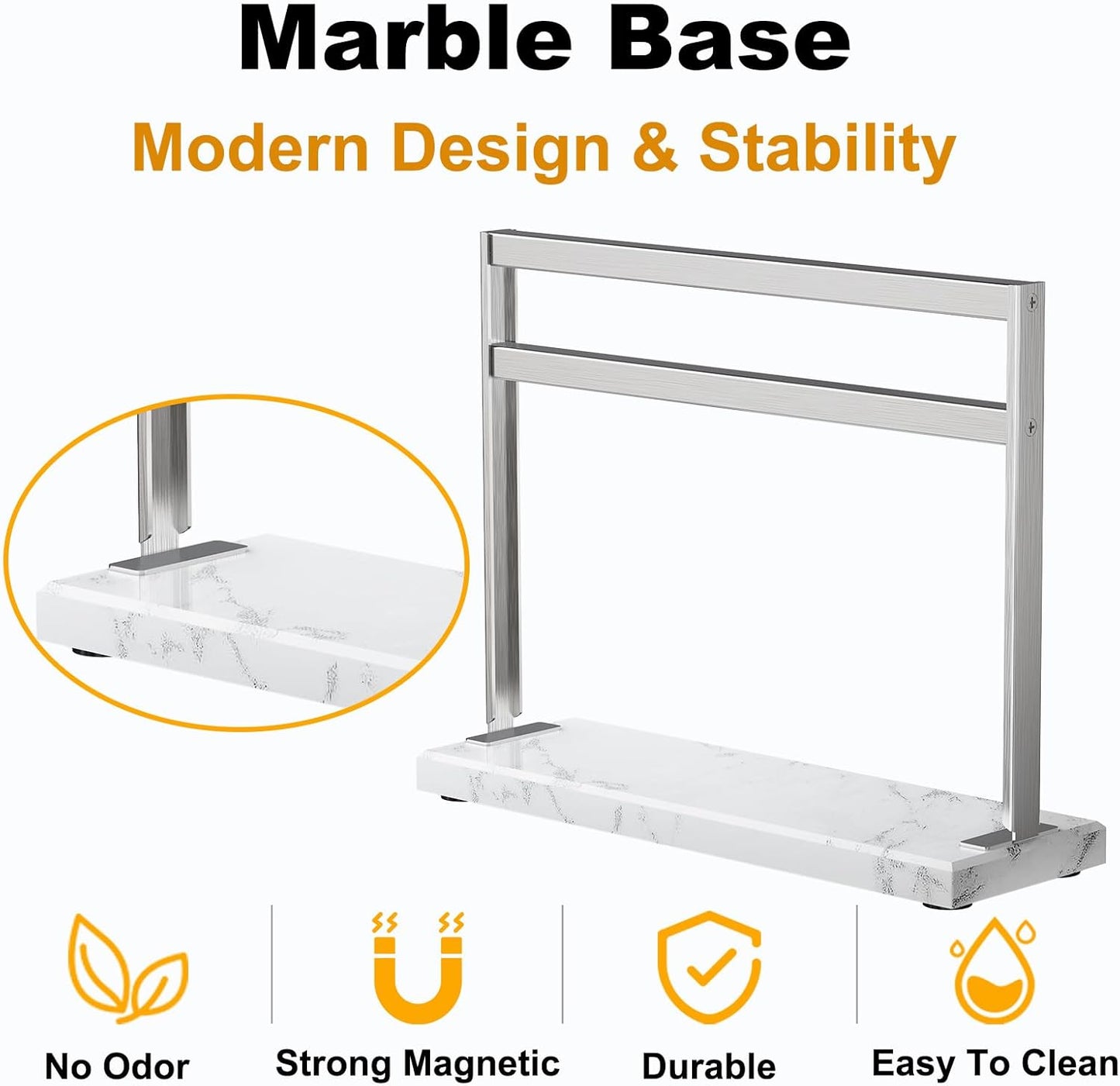 Magnetic Knife Block Stand - Marble Base Magnetic Knife Holder for Counter Top - Double Sided Knife Block without Knives - Stainless Steel Magnetic Kitchen knife holder - Black