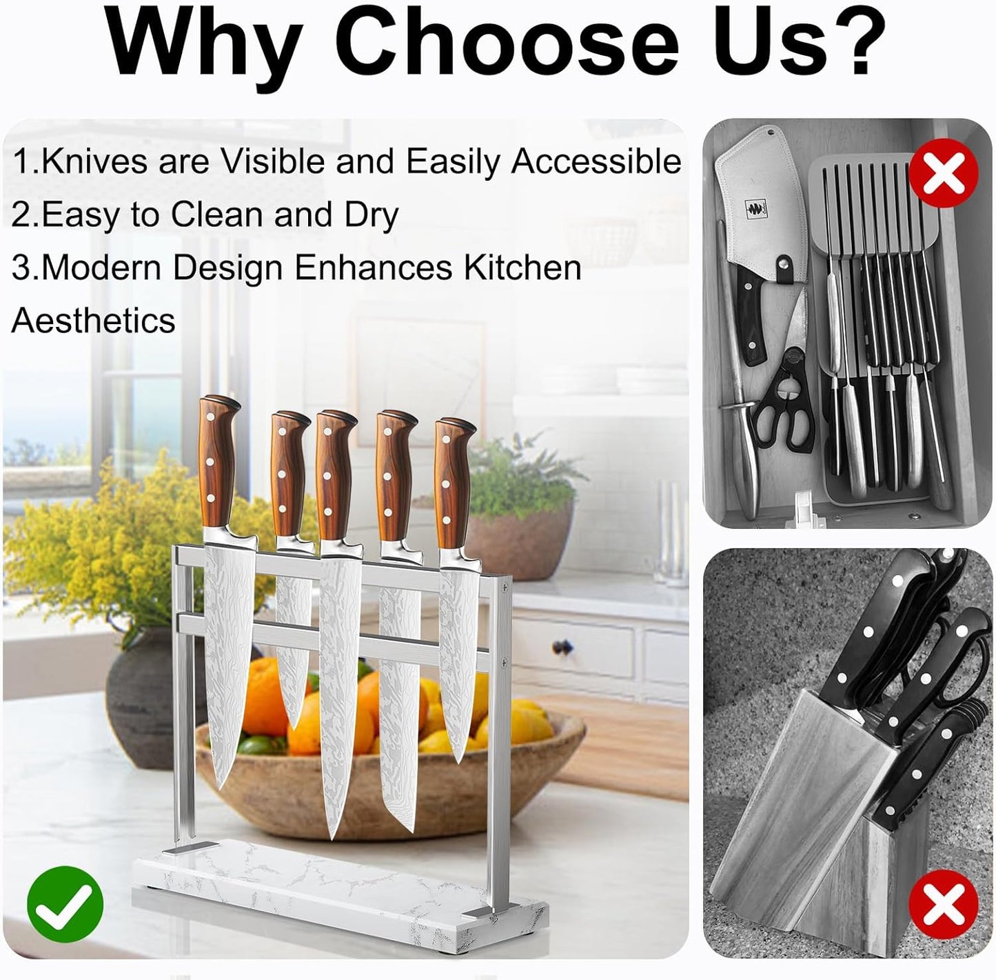 Magnetic Knife Block Stand - Marble Base Magnetic Knife Holder for Counter Top - Double Sided Knife Block without Knives - Stainless Steel Magnetic Kitchen knife holder - Black