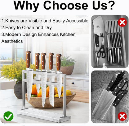 Magnetic Knife Block Stand - Marble Base Magnetic Knife Holder for Counter Top - Double Sided Knife Block without Knives - Stainless Steel Magnetic Kitchen knife holder - Black