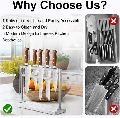 Magnetic Knife Block Stand - Marble Base Magnetic Knife Holder for Counter Top - Double Sided Knife Block without Knives - Stainless Steel Magnetic Kitchen knife holder - Black