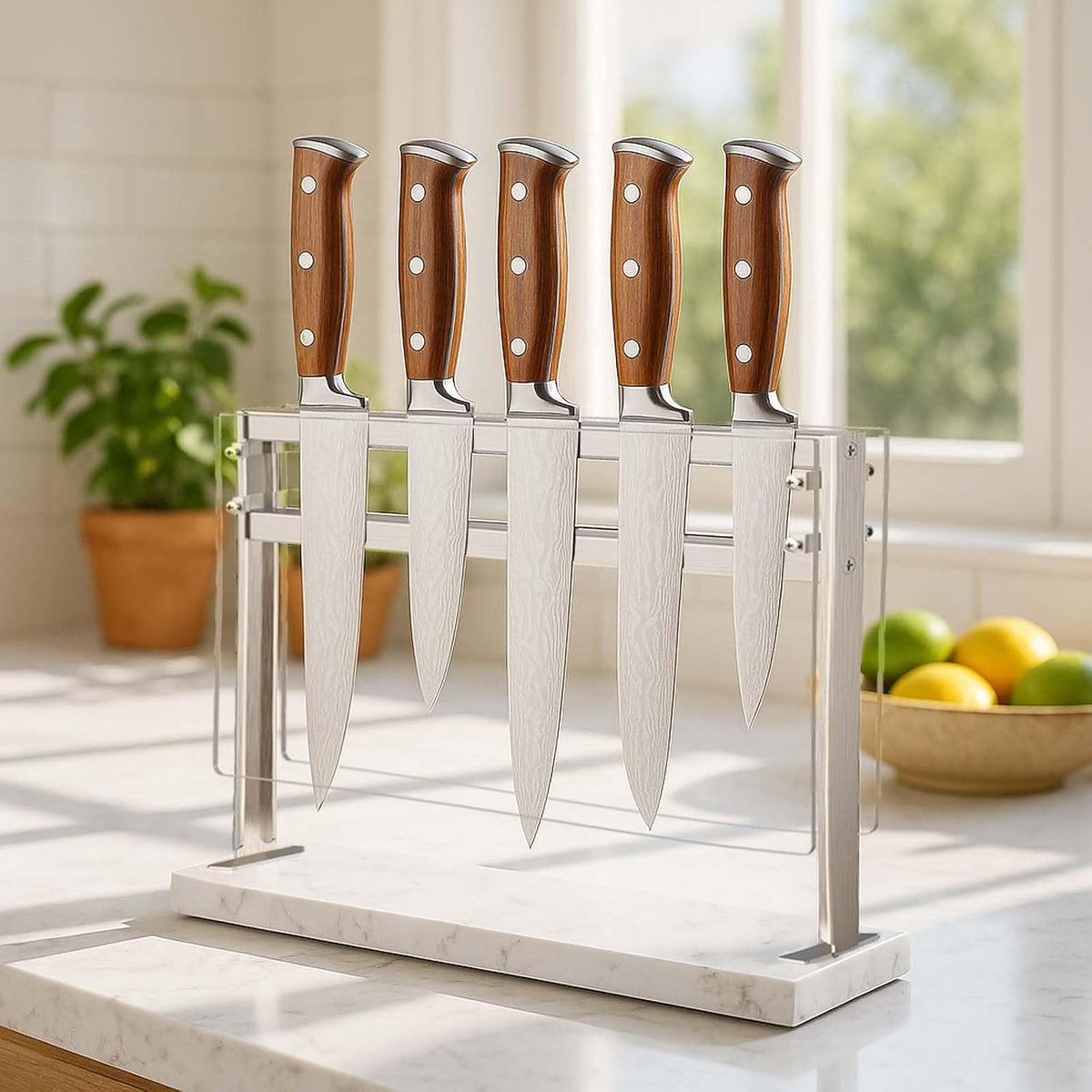 Magnetic Knife Block Stand - Marble Base Magnetic Knife Holder for Counter Top - Double Sided Knife Block without Knives - Stainless Steel Magnetic Kitchen knife holder - Black