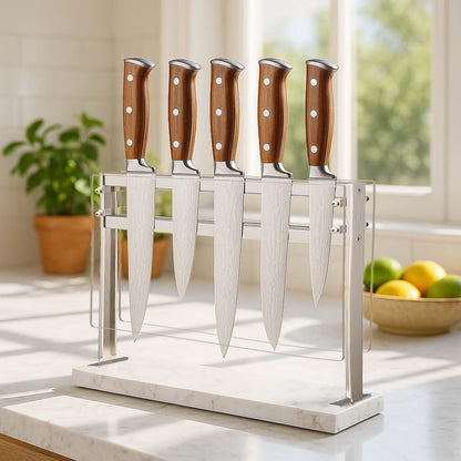 Magnetic Knife Block Stand - Marble Base Magnetic Knife Holder for Counter Top - Double Sided Knife Block without Knives - Stainless Steel Magnetic Kitchen knife holder - Black